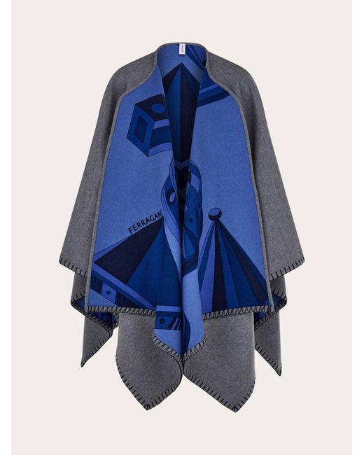 Ferragamo Blue Geometrical Renaissance Print Reversible Cape