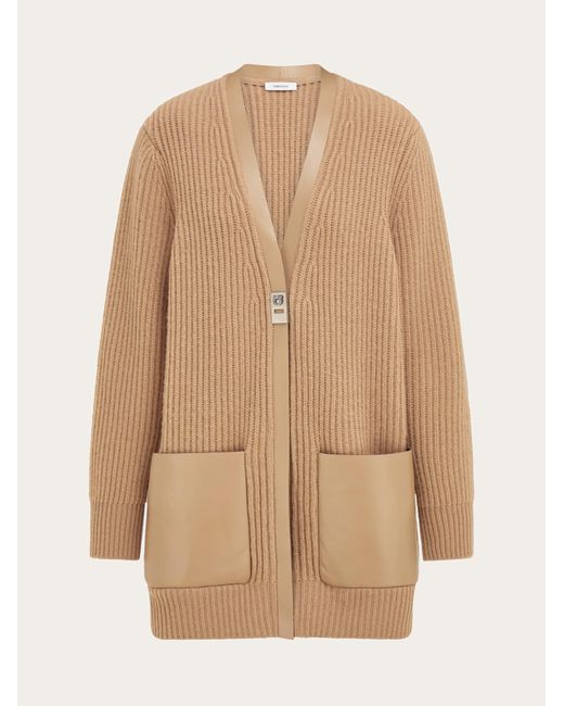 Ferragamo Natural Longline Cardigan With Leather Trims