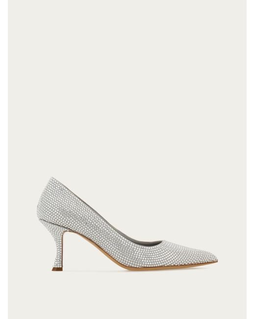 Ferragamo White Embellished Suede Stiletto Pumps