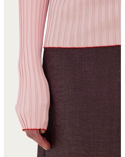 Ferragamo Pink Long Sleeved Ribbed Knit Polo Top