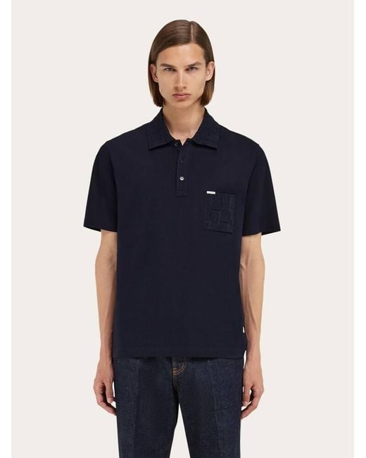 Ferragamo Blue V-Neck Polo With Jacquard Pocket Detail for men