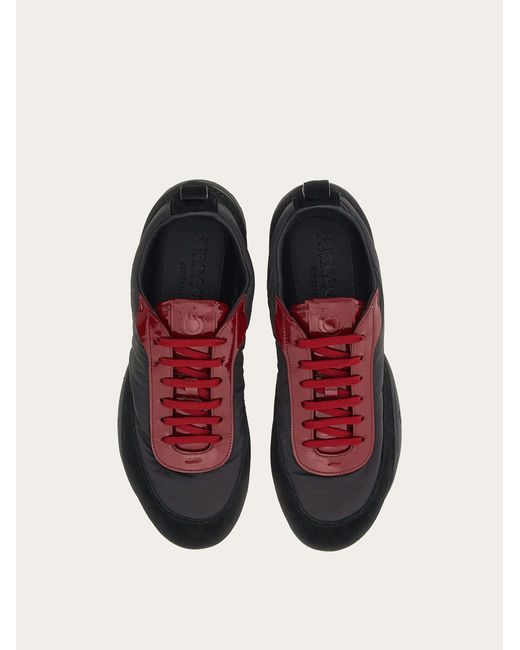 Ferragamo Black Men Sneaker With Patent Leather Trim