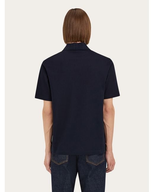 Ferragamo Blue V-Neck Polo With Jacquard Pocket Detail for men