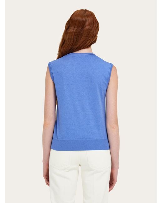 Ferragamo Blue Feather Show Print Sleeveless Sweater