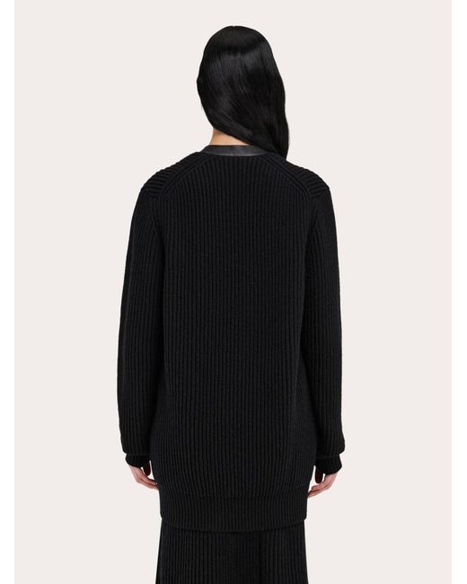 Ferragamo Black Longline Cardigan With Leather Trims