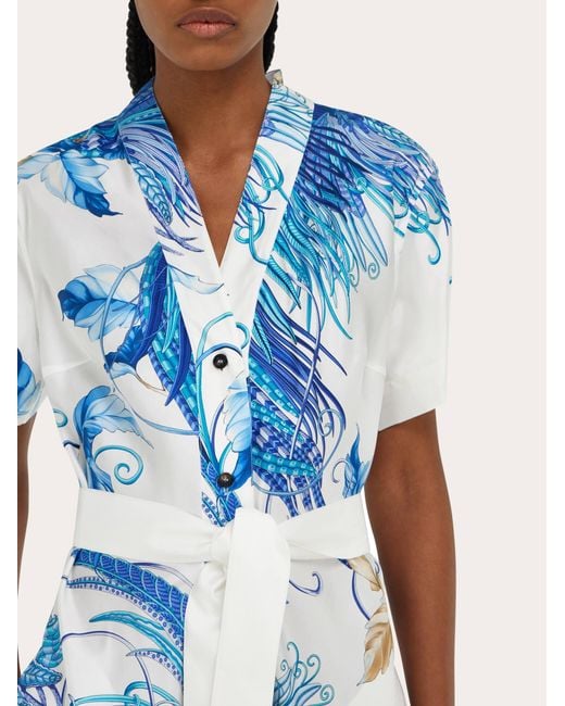Ferragamo Blue Feather Show Print Asymmetric Midi Dress