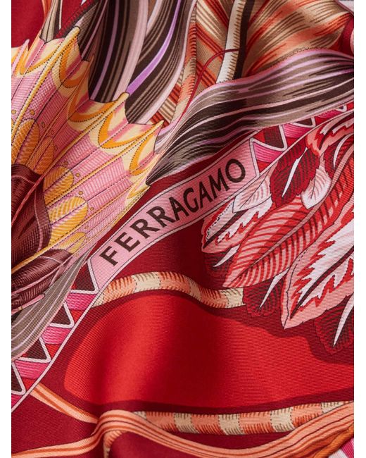 Ferragamo Red Flowers And Butterflies Print Silk Scarf