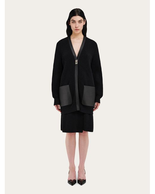 Ferragamo Black Longline Cardigan With Leather Trims