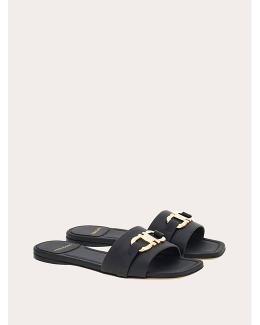 Ferragamo White Flat Slide With Gancini Ornament