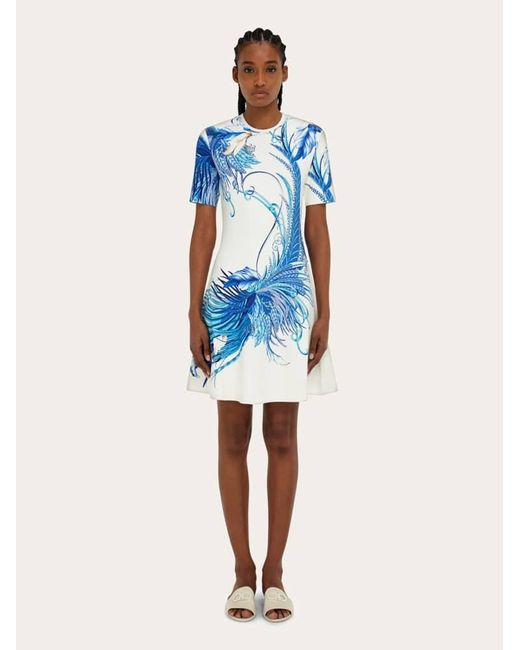 Ferragamo Blue Feather Show Print Dress