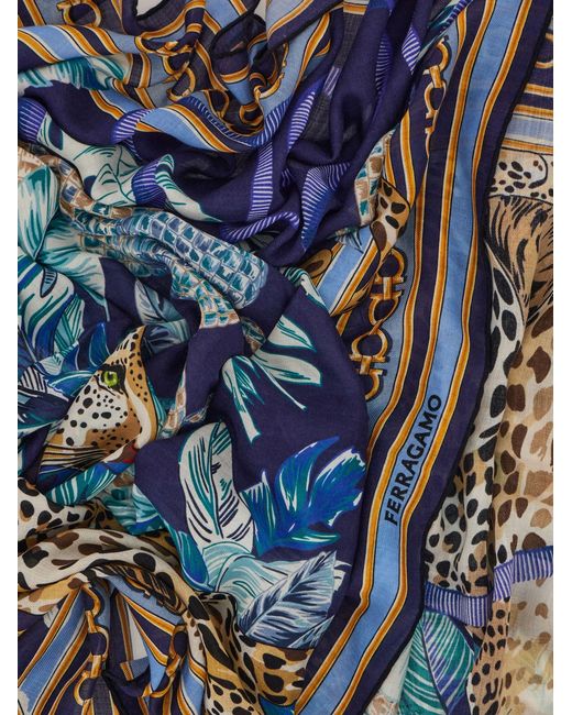 Ferragamo Blue Feline Print Cashmere Shawl