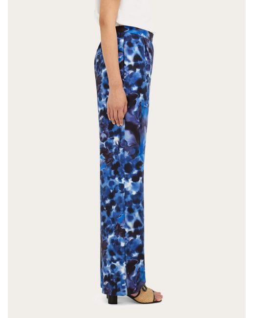 Ferragamo Blue Carnation Print Silk Trouser
