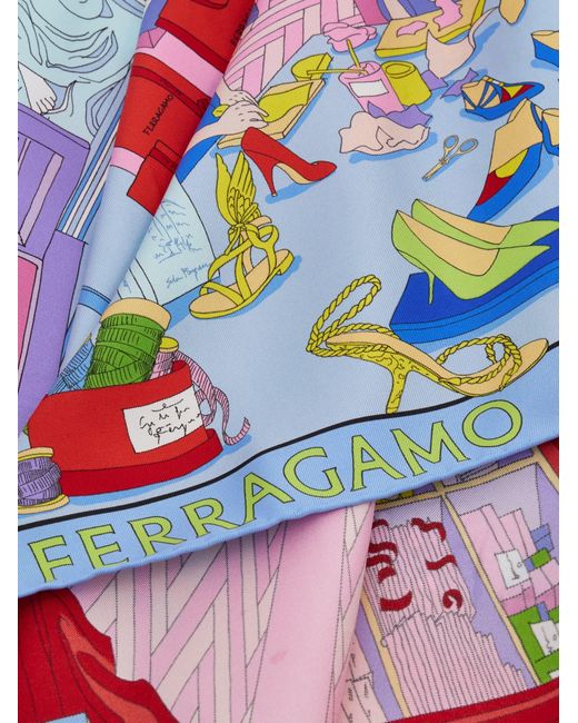 Ferragamo Blue Atelier Print Silk Scarf