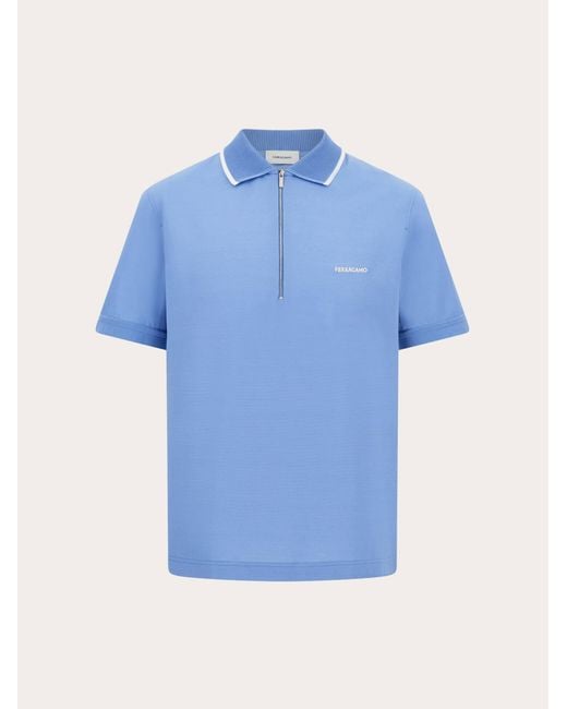 Ferragamo Blue Cotton Polo Shirt With Zip Closure for men