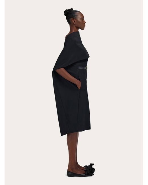Ferragamo Black Belted Midi Dress With Billowing Front Panel