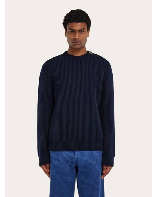 Ferragamo Blue Rib Knit Crew Neck Sweater With Hug Buckle Detail for men