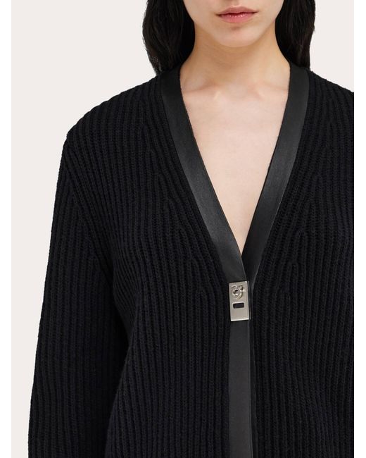 Ferragamo Black Longline Cardigan With Leather Trims