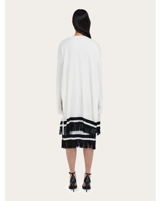 Ferragamo White Longline Cardigan With Fringe Detail