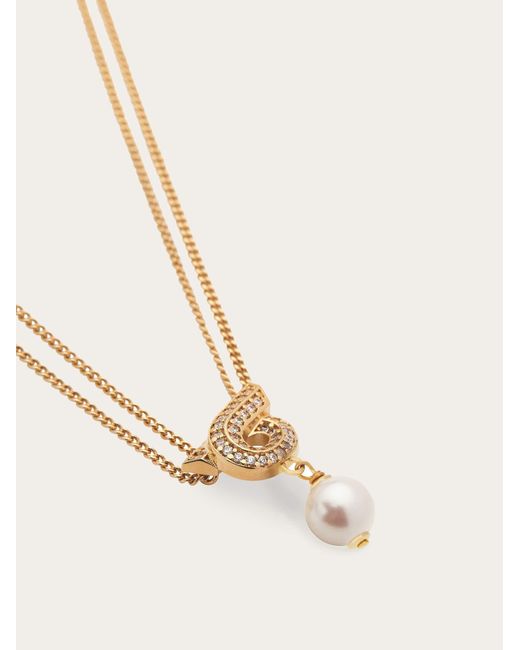 Ferragamo Natural Gancini Pendant Necklace With Pearl And Crystals