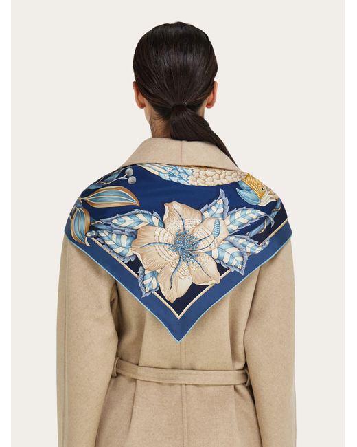 Ferragamo Blue Parrots Print Silk Scarf