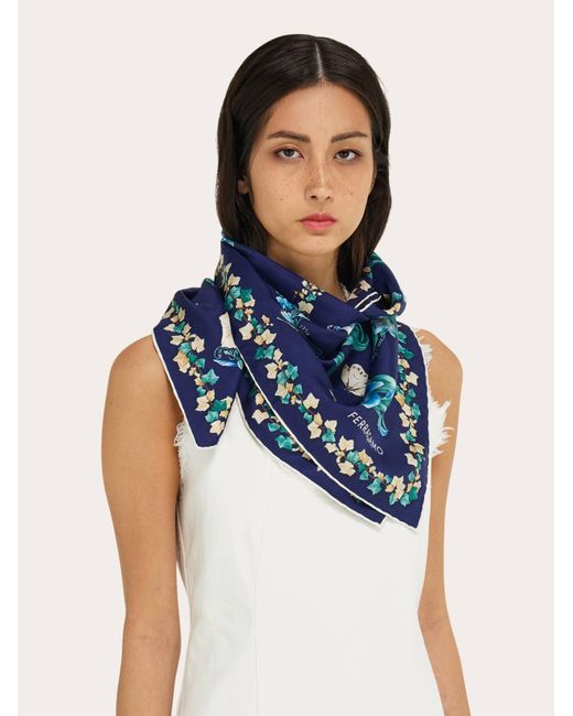Ferragamo Blue Eden Shoes Print Silk Scarf