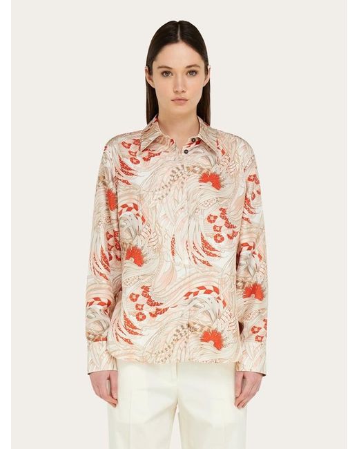 Ferragamo Pink Rooster Print Silk Twill Shirt