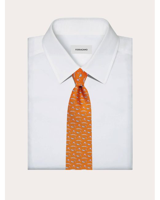 Ferragamo Orange Crocodile Print Silk Tie for men