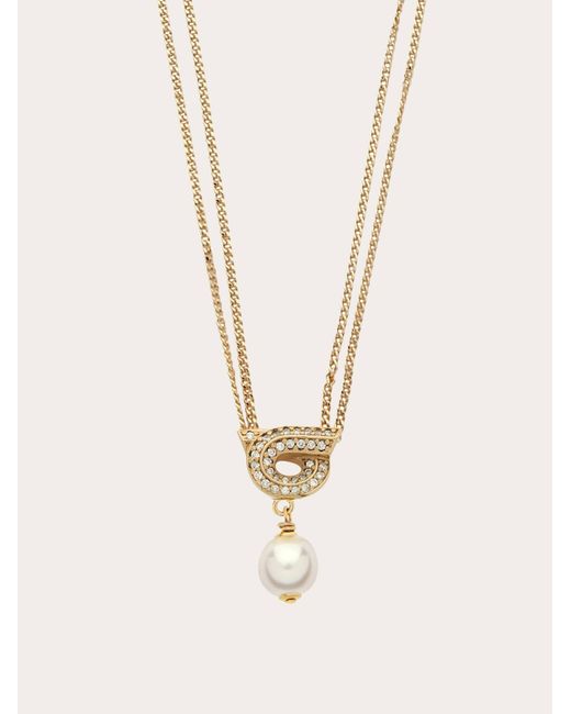 Ferragamo Natural Gancini Pendant Necklace With Pearl And Crystals
