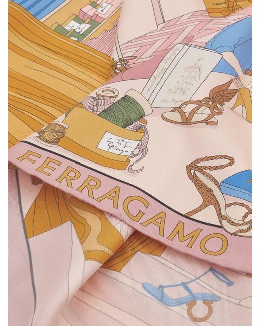 Ferragamo Pink Women oggetti Print Silk Foulard