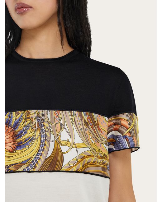 Ferragamo Black Crewneck T-Shirt With Rooster Print Inserts