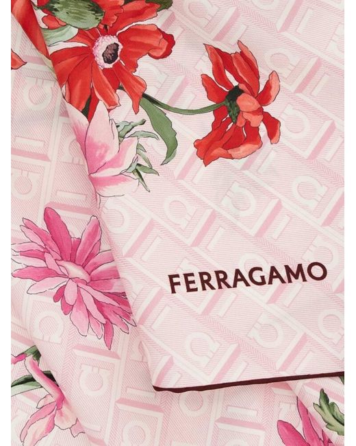 Ferragamo Pink Bouquet Print Silk Scarf