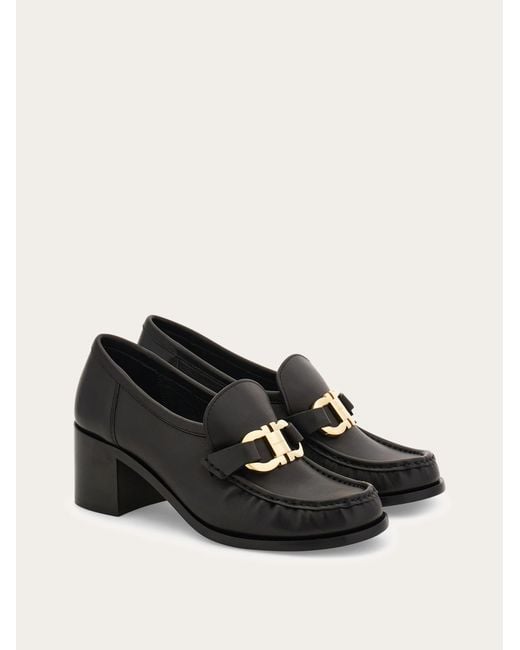 Ferragamo Black Block Heel Loafer With Gancini Ornament