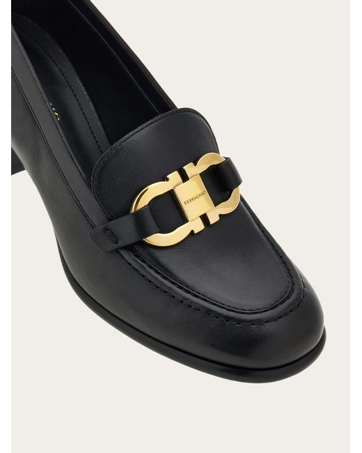Ferragamo Black Heeled Loafer With Gancini Ornament