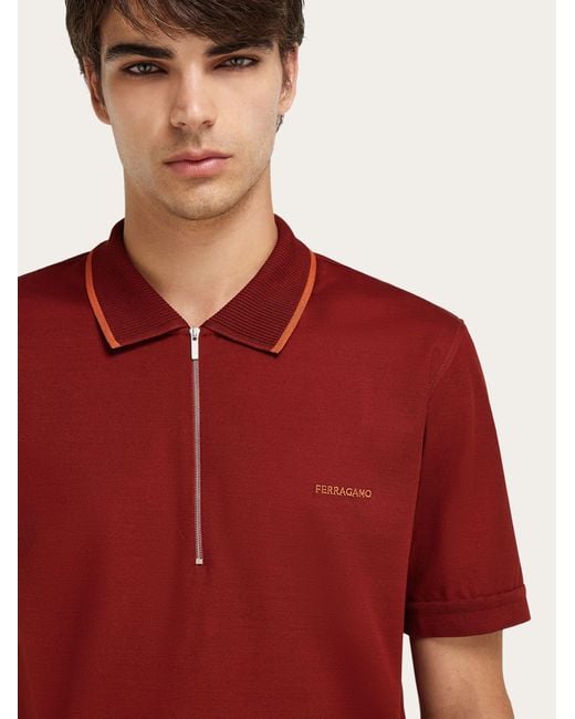 Ferragamo Red Cotton Polo Shirt With Zip Closure for men