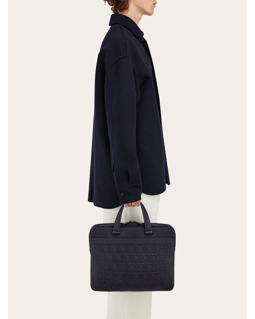 Ferragamo Blue Embossed Gancini Briefcase (S) for men
