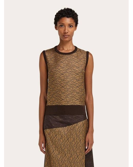 Ferragamo Brown Knitted Top With Silk Panel Detail