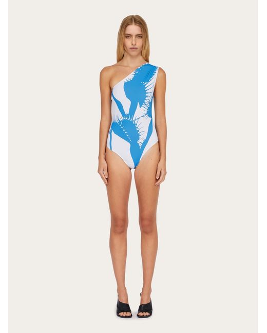 Ferragamo Blue Venus Print One Shoulder Swimsuit