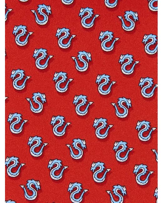 Ferragamo Red Men Dragon Print Silk Tie for men
