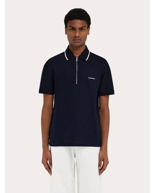 Ferragamo Blue Cotton Polo Shirt With Zip Closure for men