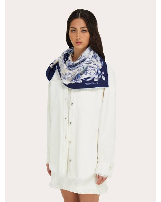 Ferragamo Blue Voyage Print Silk Scarf