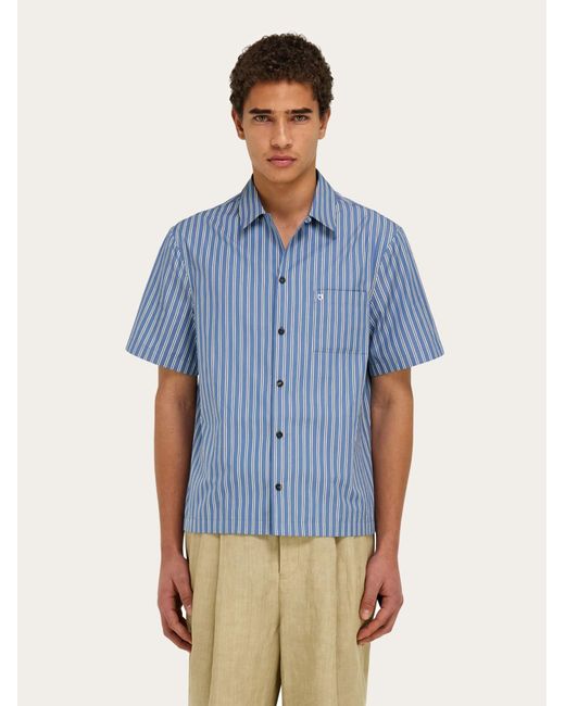 Ferragamo Blue Short Sleeve Popline Shirt for men