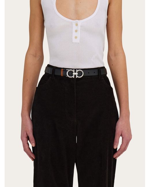 Ferragamo White Reversible And Adjustable Belt With Hammered Gancini