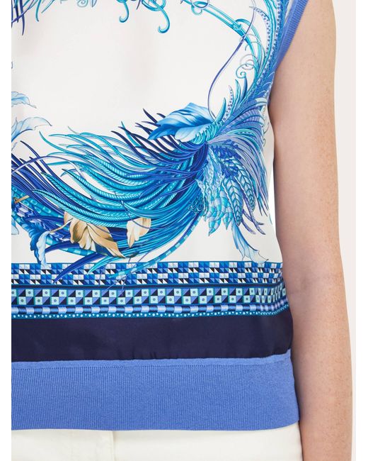 Ferragamo Blue Feather Show Print Sleeveless Sweater