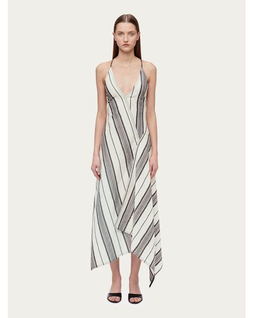 Ferragamo White Asymmetric Striped Dress