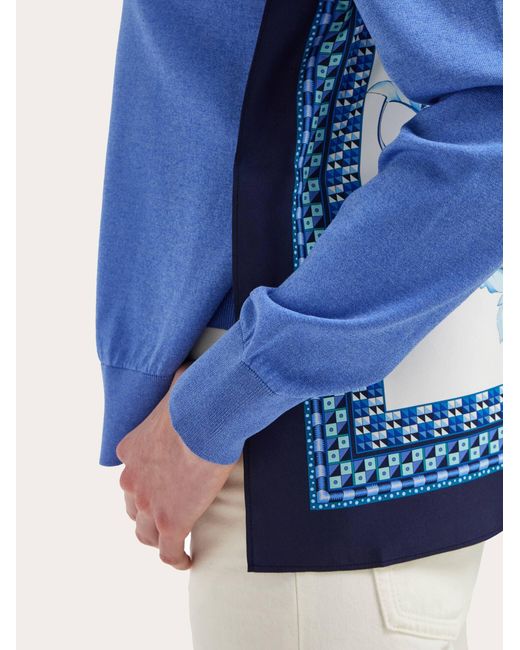 Ferragamo Blue Feather Show Print Crew-Neck Cardigan