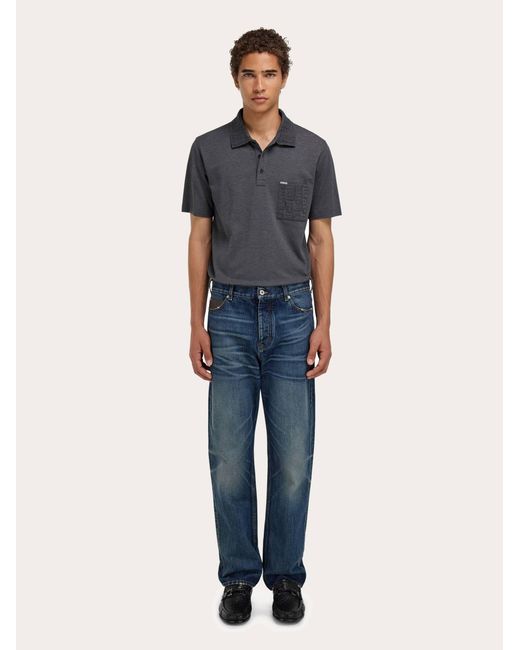 Ferragamo Blue V-Neck Polo With Jacquard Pocket Detail for men
