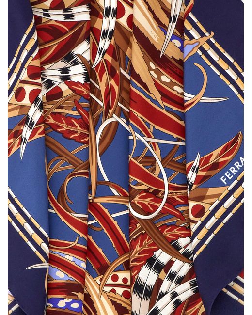Ferragamo Blue Rooster Print Silk Scarf
