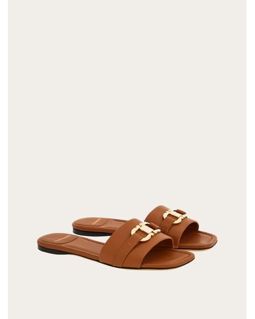 Ferragamo Natural Flat Slide With Gancini Ornament