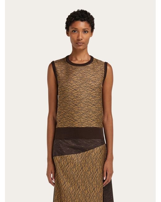 Ferragamo Brown Knitted Top With Silk Panel Detail
