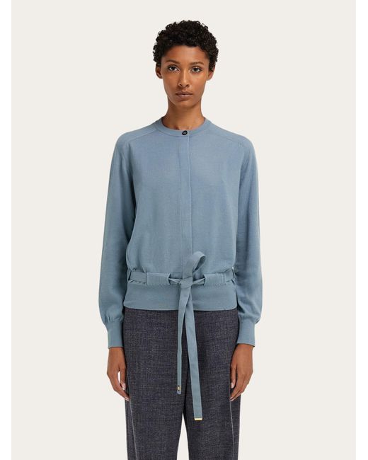 Ferragamo Blue Cardigan With Ribbon Detail
